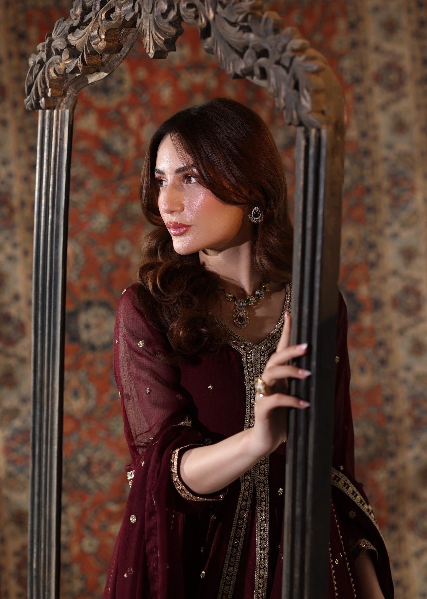 Chiffon Maroon Embroidered Partywear Suit Online in KSA Riyadh Saudi Arabia Oman Bahrain Qatar