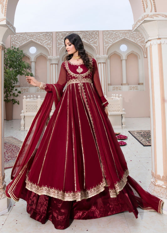 Chiffon Maroon Embroidered Pishwas Gota Work Online in Dubai DXB UAE Abudhabi Meena Bazaar