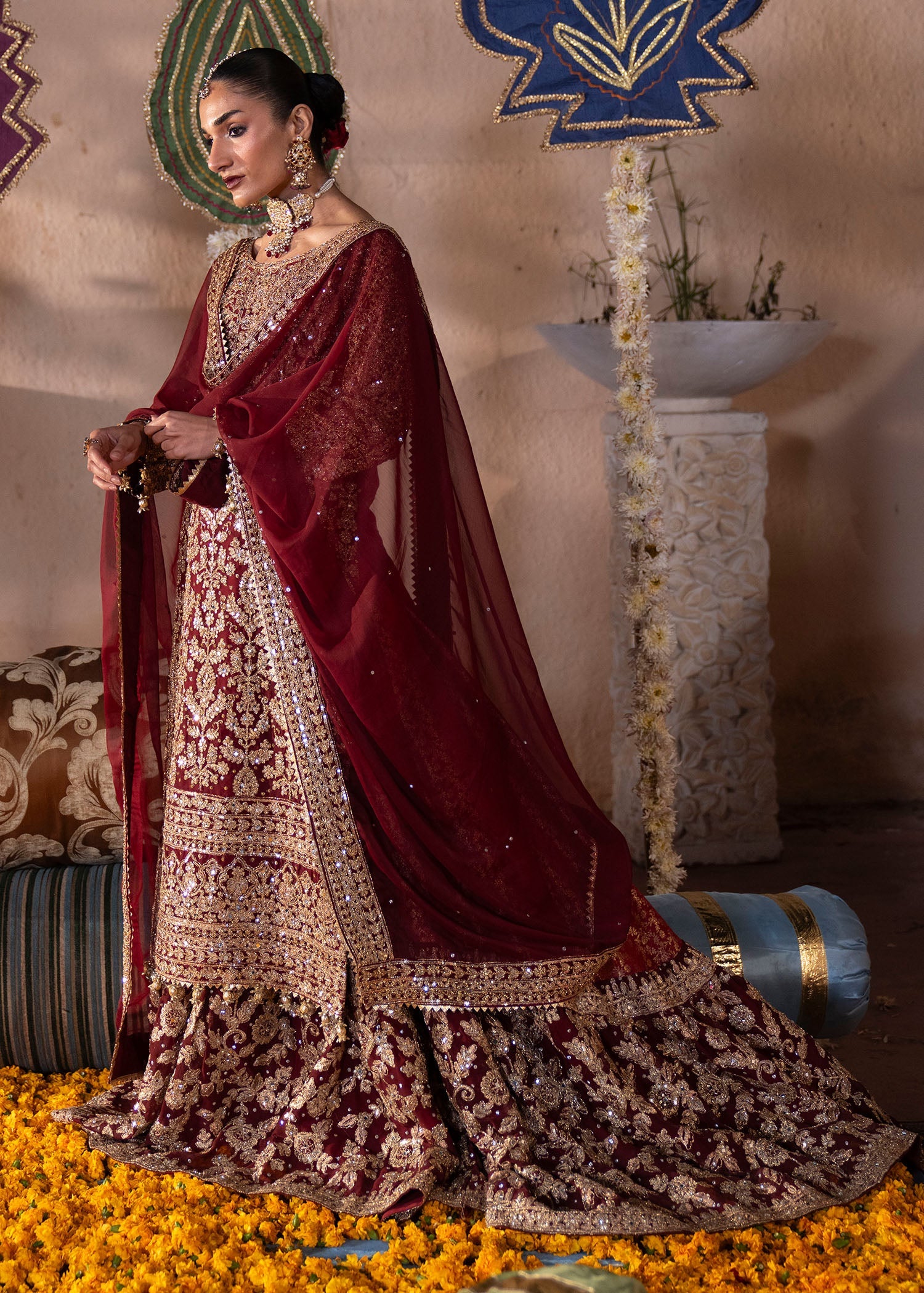 Chiffon Maroon Festive Outfit for Women Online in Dubai UAE Abudhabi Ajman Sharjah