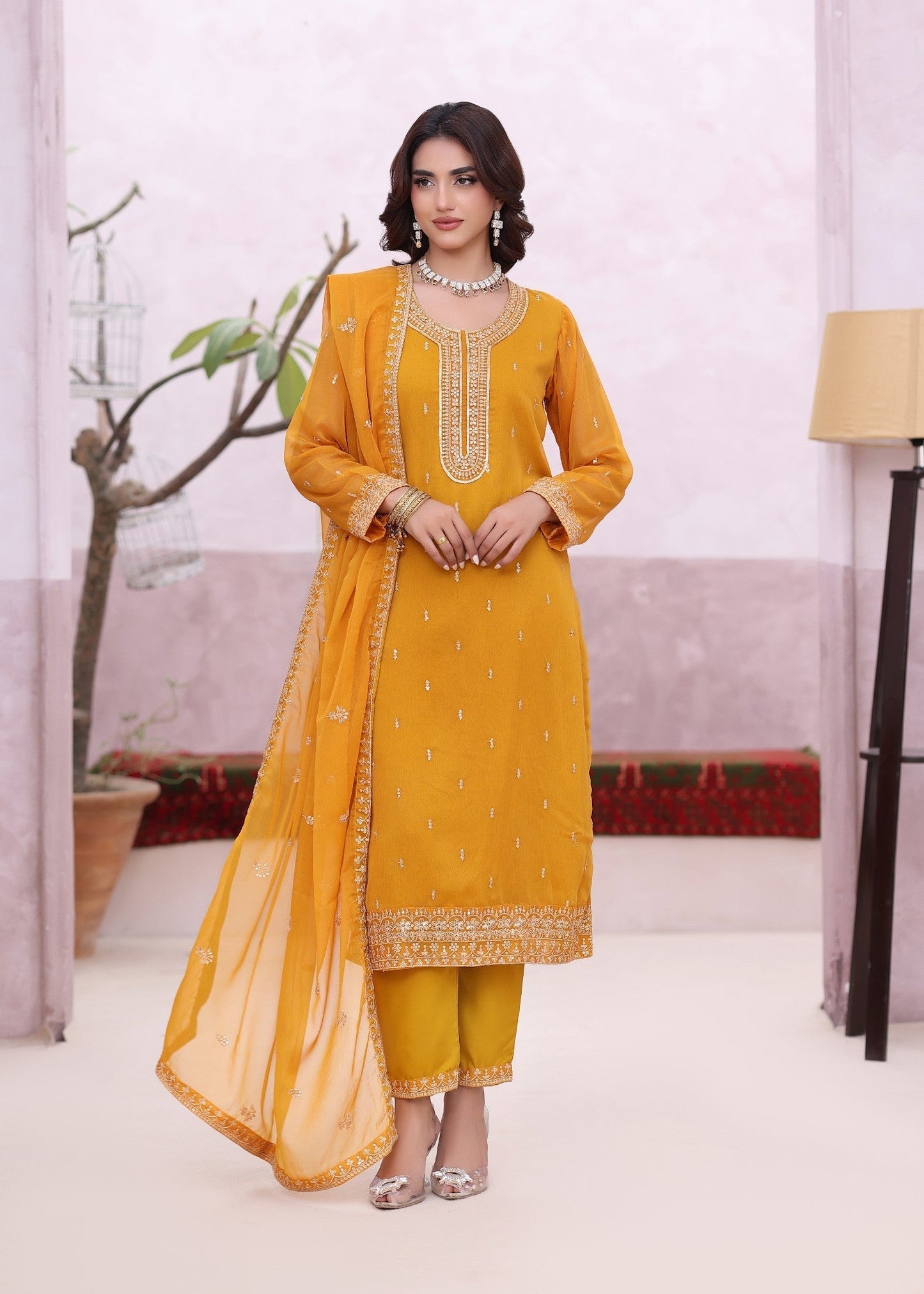 Chiffon Mustard Embroidered Festive Suit Online in KSA Riyadh Saudi Arabia Oman Bahrain Qatar