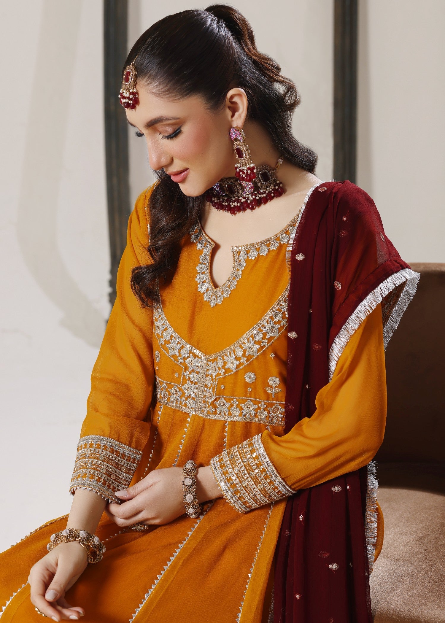 Chiffon Mustard Embroidered Partywear Pishwas Set Online in Dubai UAE Abudhabi Ajman Sharjah