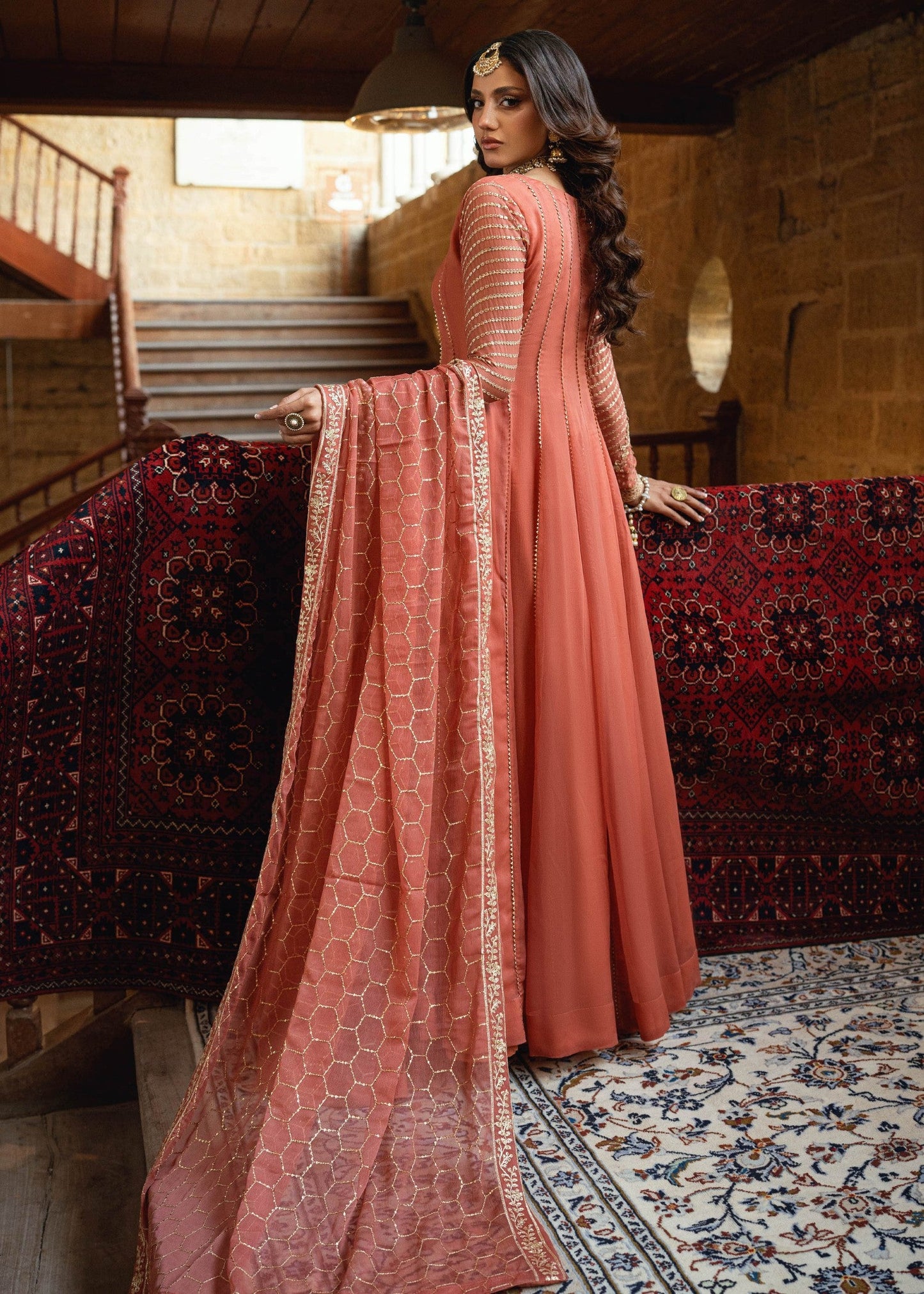 Chiffon Peach Pink Festive Wear Suit Online in UK USA Canada
