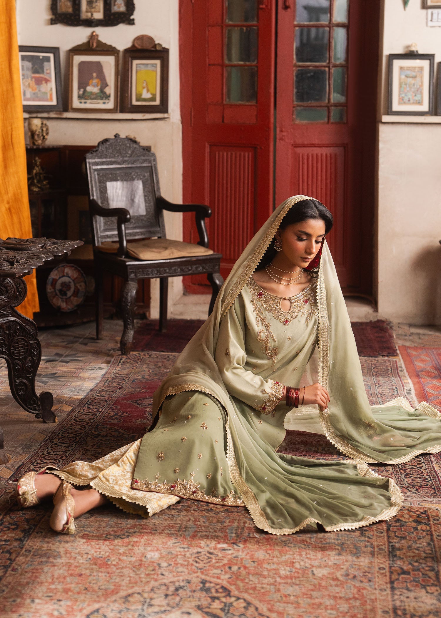 Chiffon Pistachio Green Embroidered Suit Online in KSA Riyadh Saudi Arabia Oman Bahrain Qatar