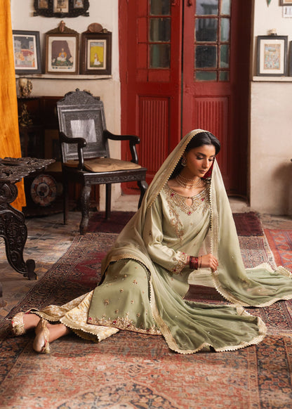 Chiffon Pistachio Green Embroidered Suit Online in KSA Riyadh Saudi Arabia Oman Bahrain Qatar