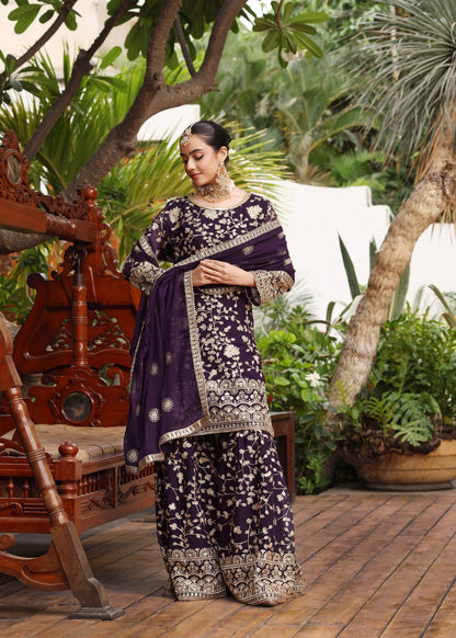 Chiffon Purple Embroidered 3 Piece Suit Online in Dubai UAE Abudhabi Ajman Sharjah
