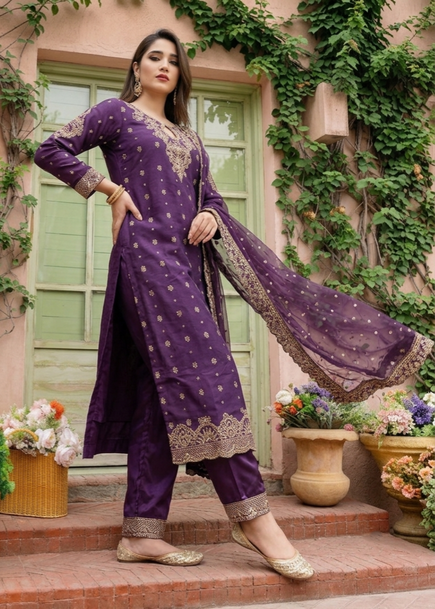 Chiffon Purple Embroidered Ladies Suit Online in UK USA Canada