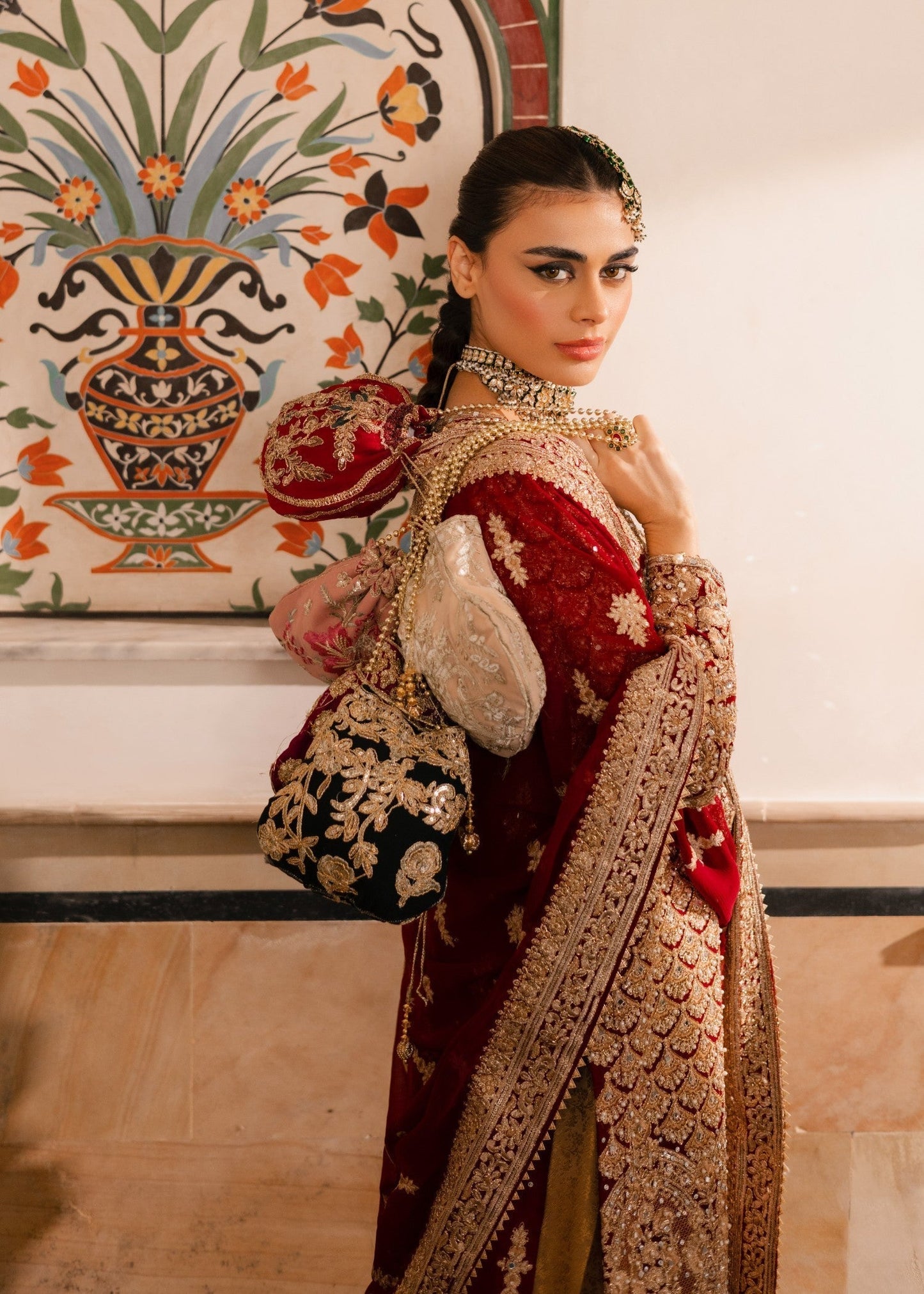 Chiffon Red Gharara with Floral Embroidery Online in KSA Riyadh Saudi Arabia Oman Bahrain Qatar