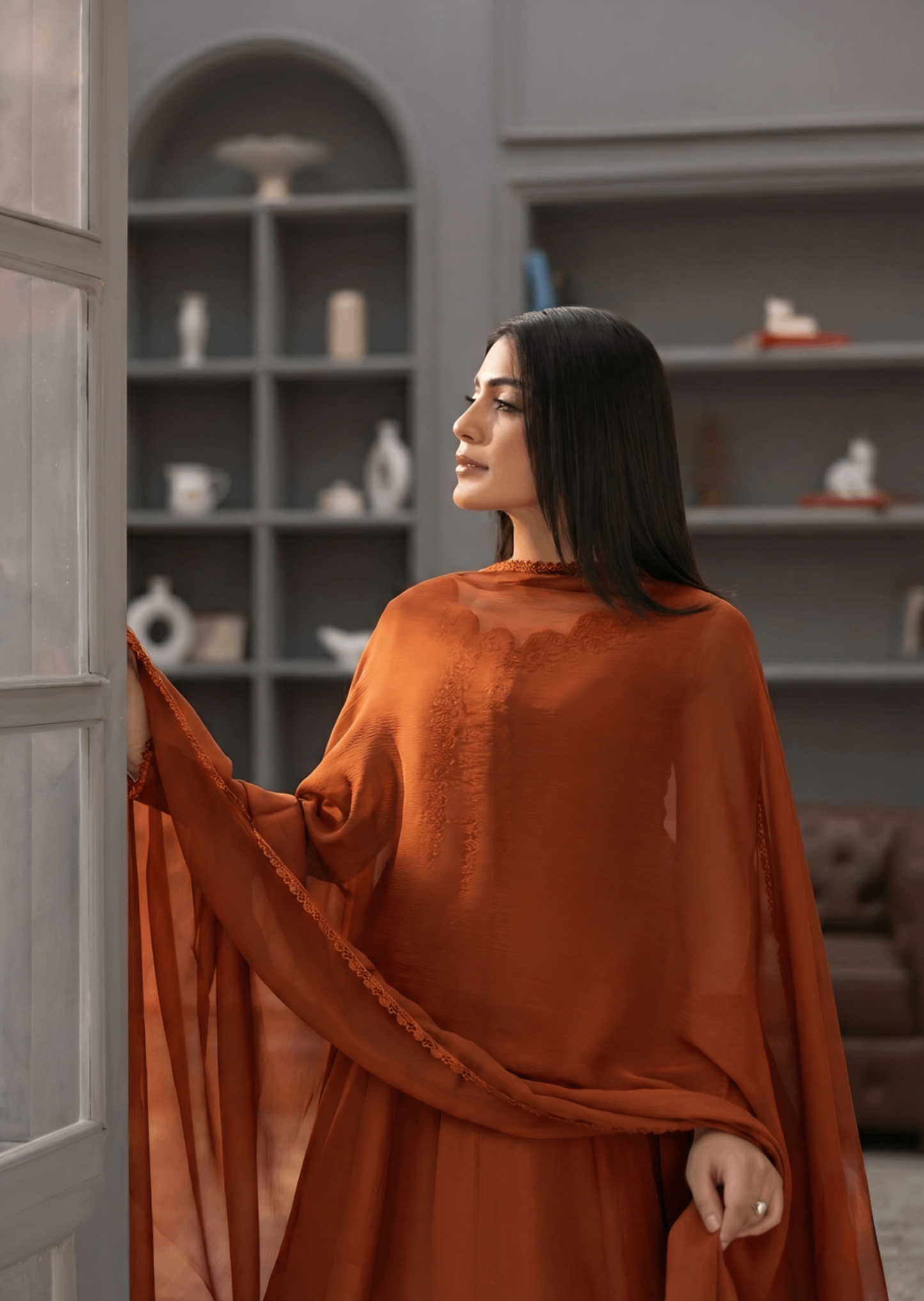 Chiffon Rust Orange Flared Maxi Salwar Suit Online in Dubai DXB UAE Abudhabi Meena Bazaar