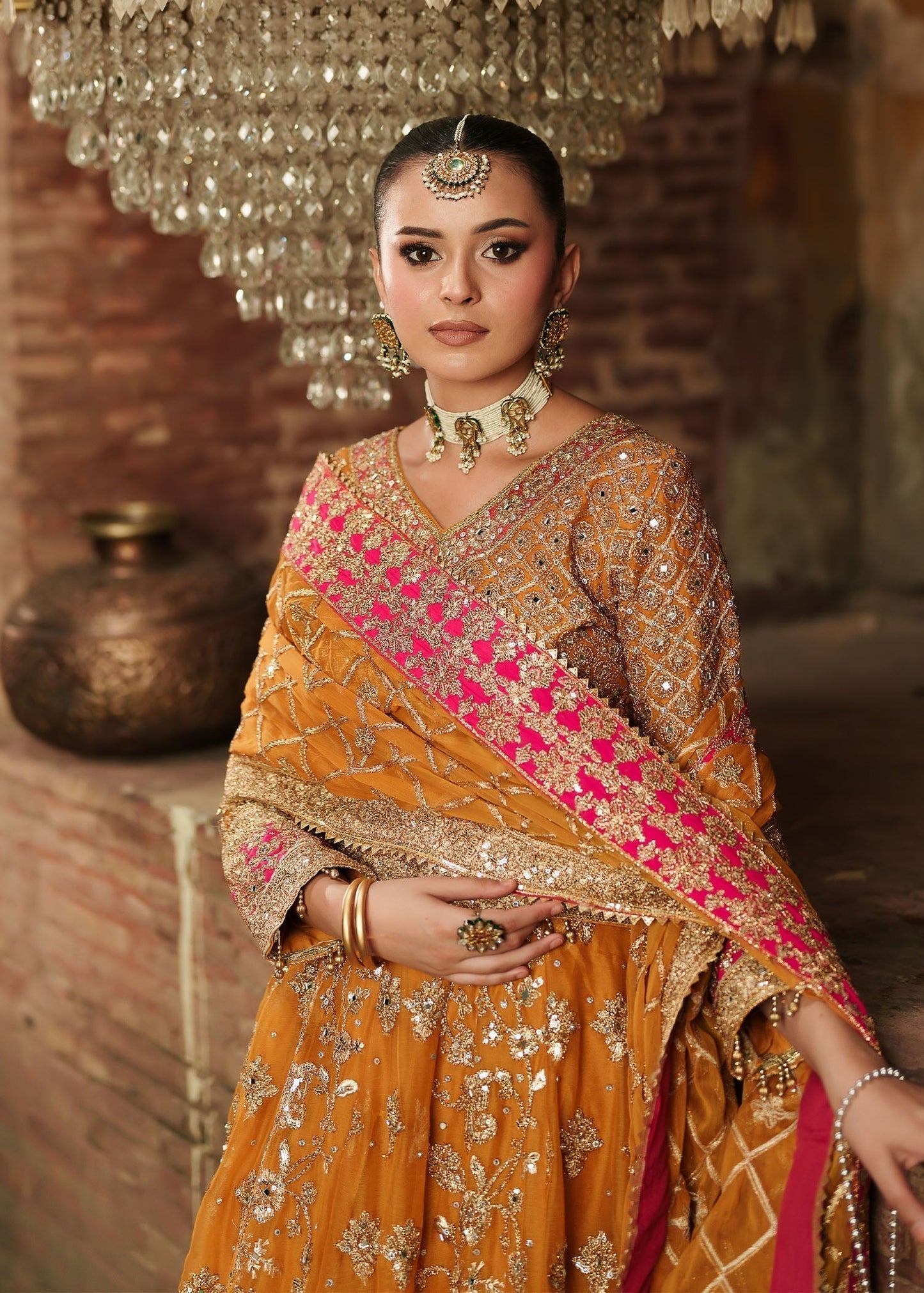 Chiffon Yellow-Orange Designer Salwar Kameez Online in KSA Riyadh Saudi Arabia Oman Bahrain Qatar