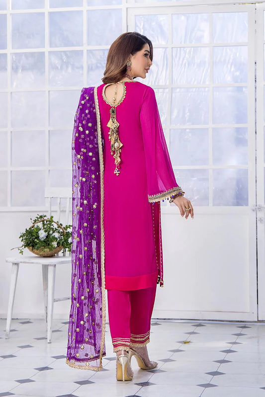 Royal Pink Hand Embroidered Chiffon Pret