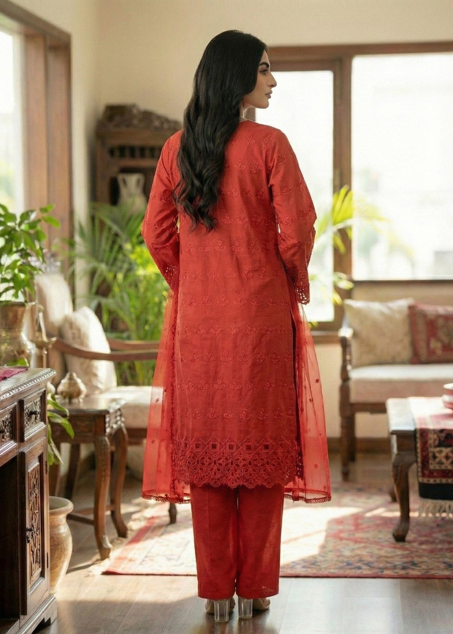Chikankari Cotton Red Straight Kurta Suit Online in Dubai UAE Abudhabi Ajman Sharjah