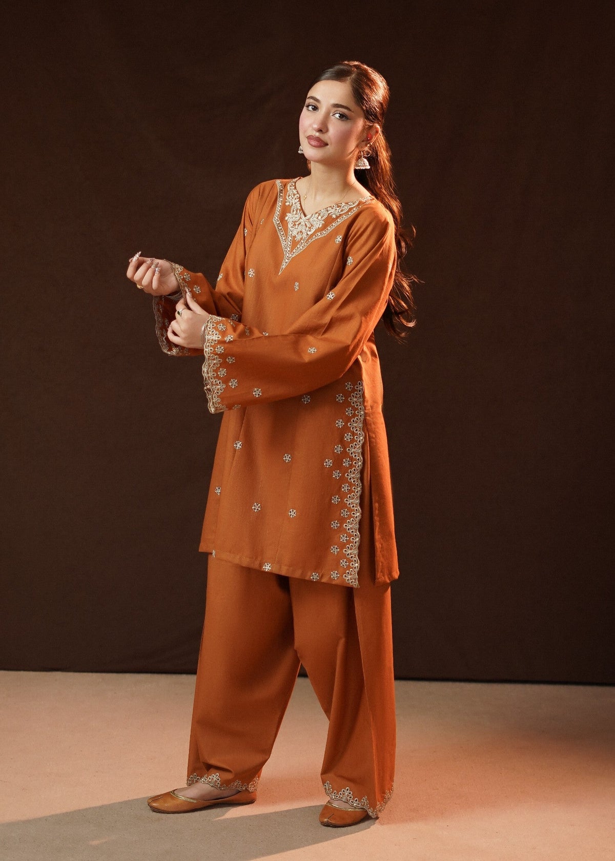 Chikankari Embroidered Rust Orange Slub Khaddar Online in Dubai UAE Abudhabi Ajman Sharjah
