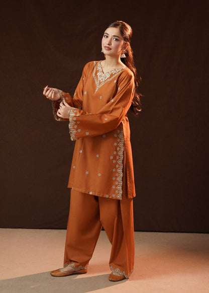 Chikankari Embroidered Rust Orange Slub Khaddar Online in Dubai UAE Abudhabi Ajman Sharjah