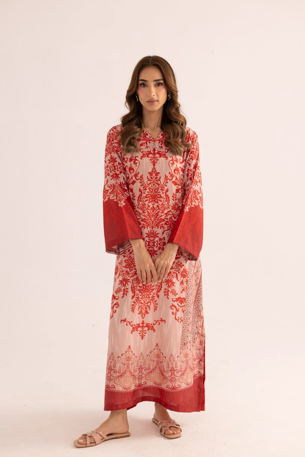 Chili Red Printed Silk Lawn Kaftan Online in Dubai UAE Abudhabi Ajman Sharjah