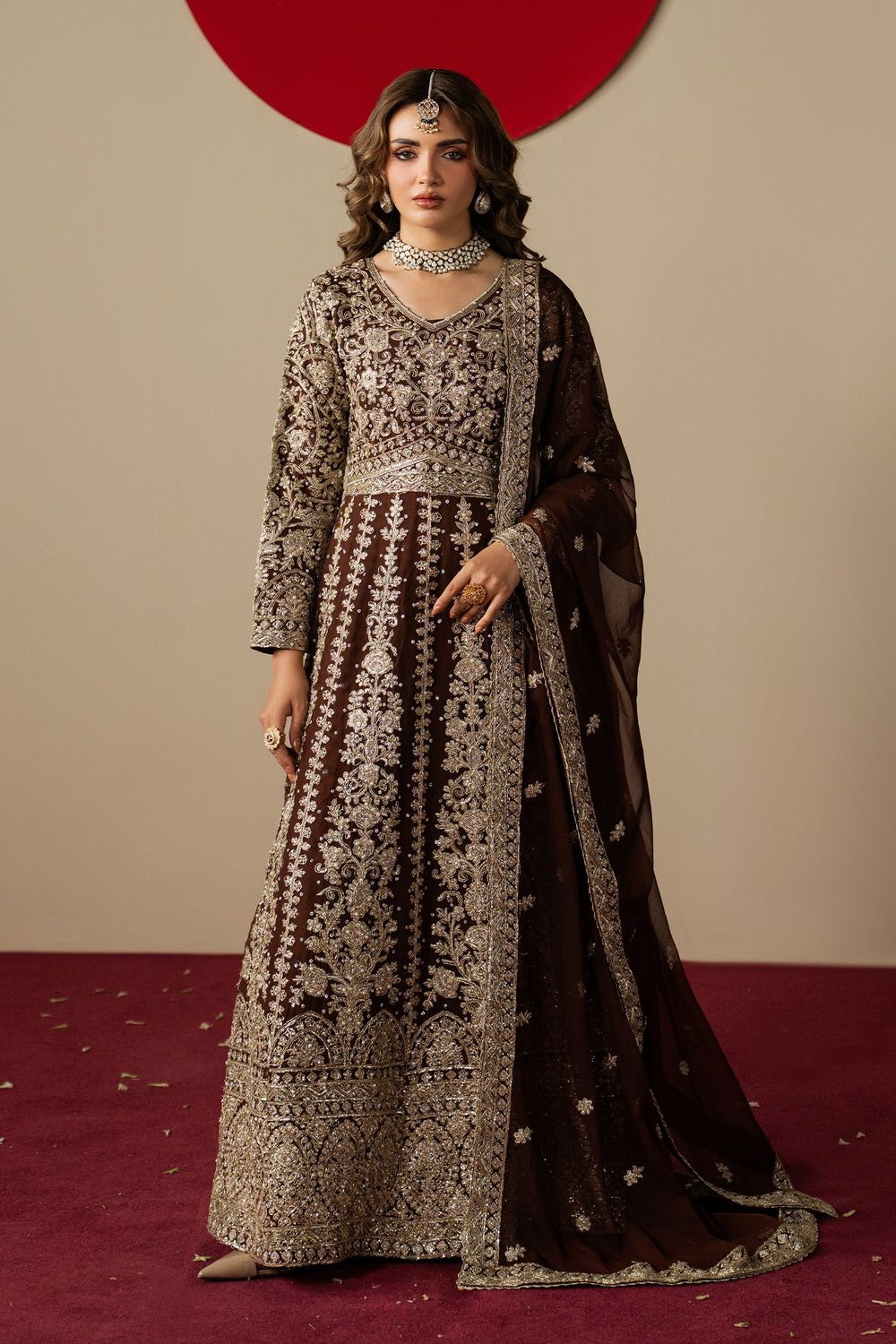 Chocolate Brown Embroidered Chiffon Anarkali Maxi Online in Dubai UAE Abudhabi Ajman Sharjah