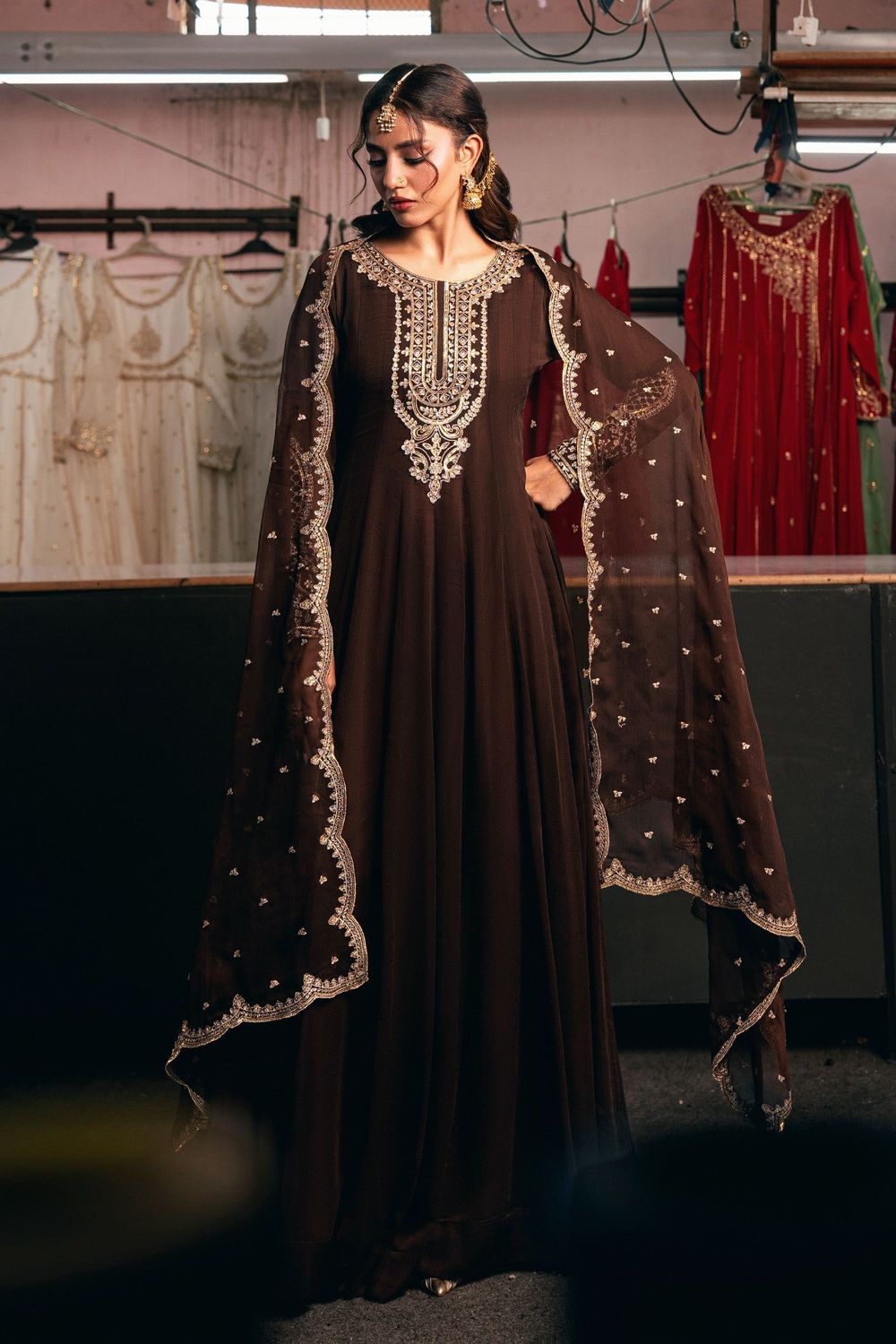 Chocolate Brown Embroidered Chiffon Pishwas Online in Dubai UAE Abudhabi Ajman Sharjah