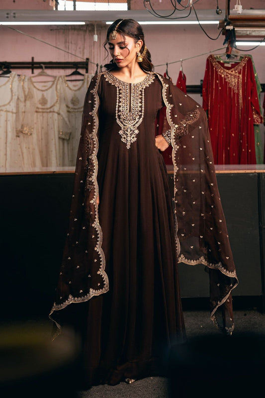 Chocolate Brown Embroidered Chiffon Pishwas Online in Dubai UAE Abudhabi Ajman Sharjah