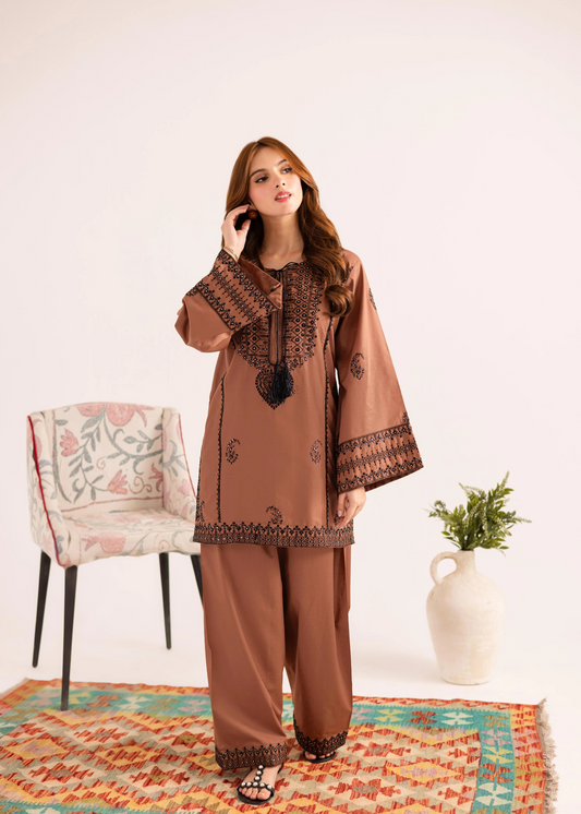 Chocolate Brown Embroidered Lawn Kurta Set Online in Dubai DXB UAE Abudhabi Meena Bazaar