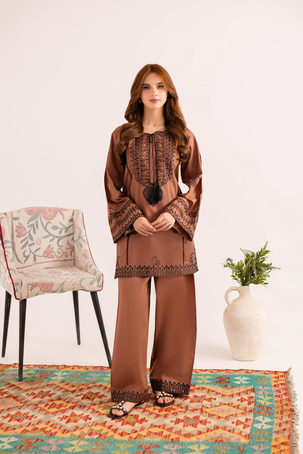Chocolate Brown Embroidered Lawn Kurta Set Online in Dubai UAE Abudhabi Ajman Sharjah