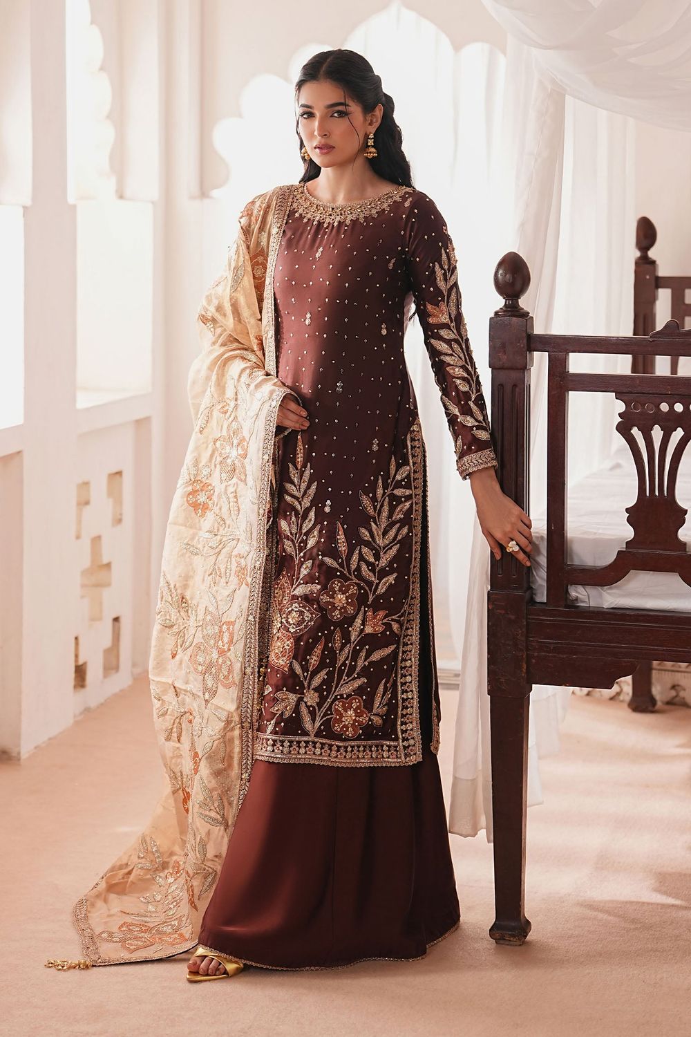Chocolate Brown Embroidered Silk Pakistani Suit Online in Dubai UAE Abudhabi Ajman Sharjah