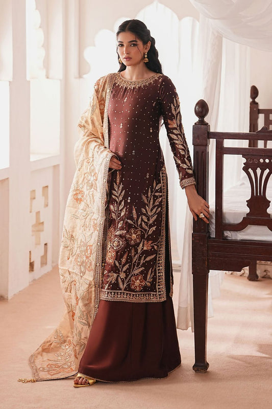 Chocolate Brown Embroidered Silk Pakistani Suit Online in Dubai UAE Abudhabi Ajman Sharjah