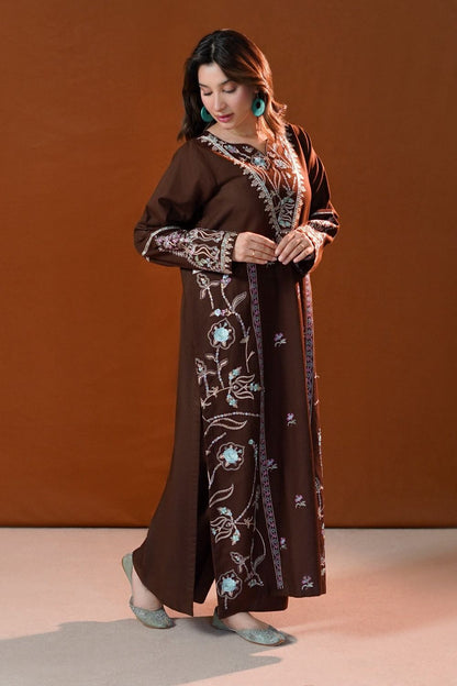 Chocolate Brown Embroidered Slub Khaddar Kurta Set Online in Dubai UAE Abudhabi Ajman Sharjah