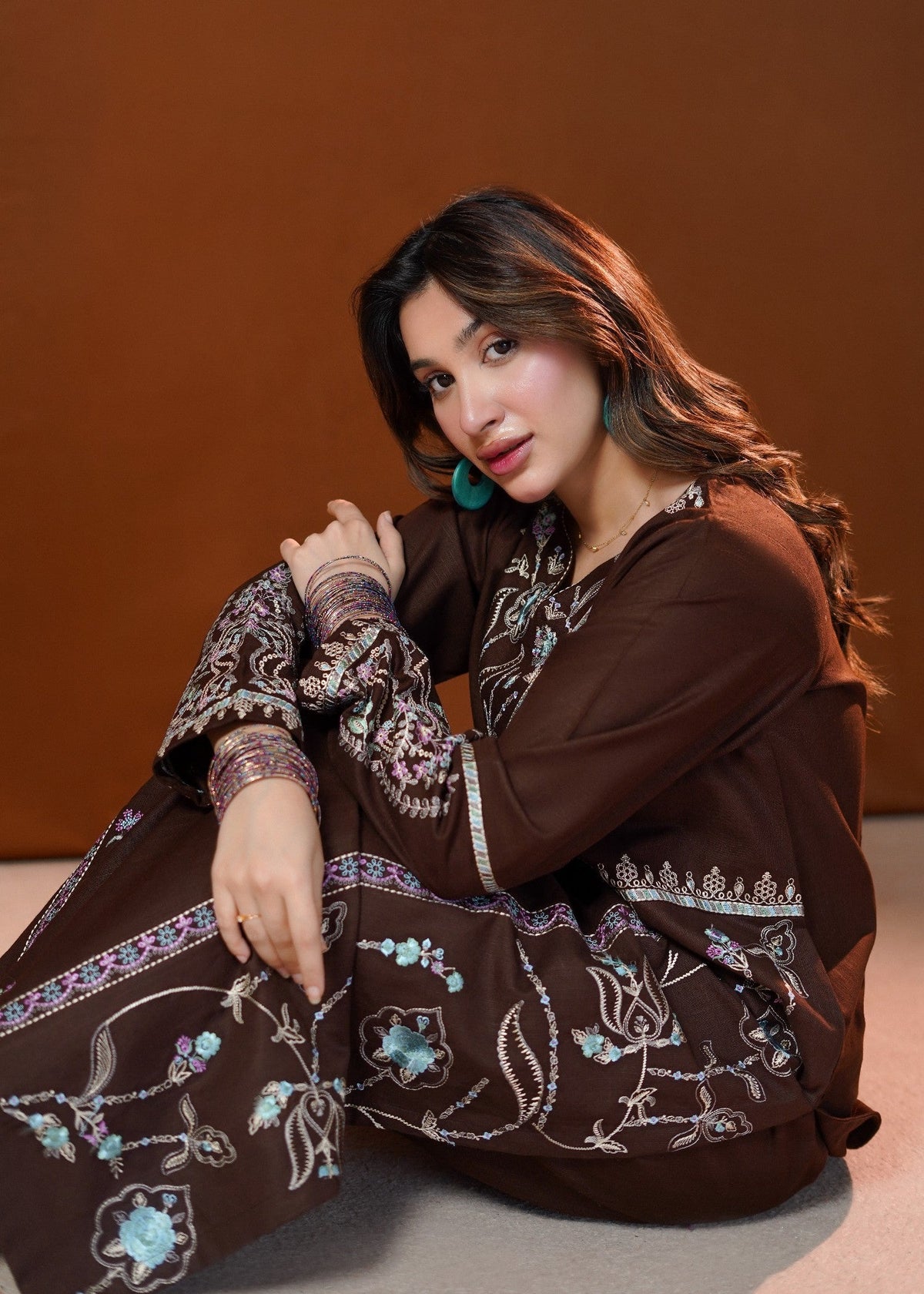 Chocolate Brown Embroidered Winter Kurta Set Online in Dubai DXB UAE Abudhabi Meena Bazaar