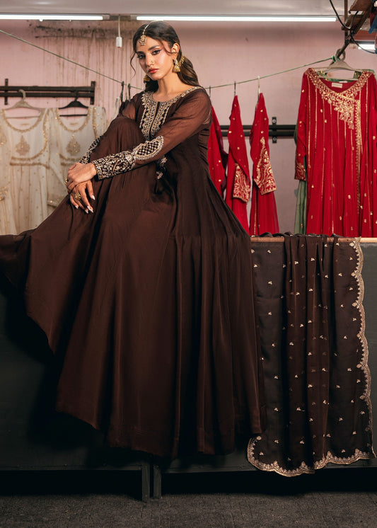 Chocolate Brown Flared Pishwas Suit Online in Dubai DXB UAE Abudhabi Meena Bazaar