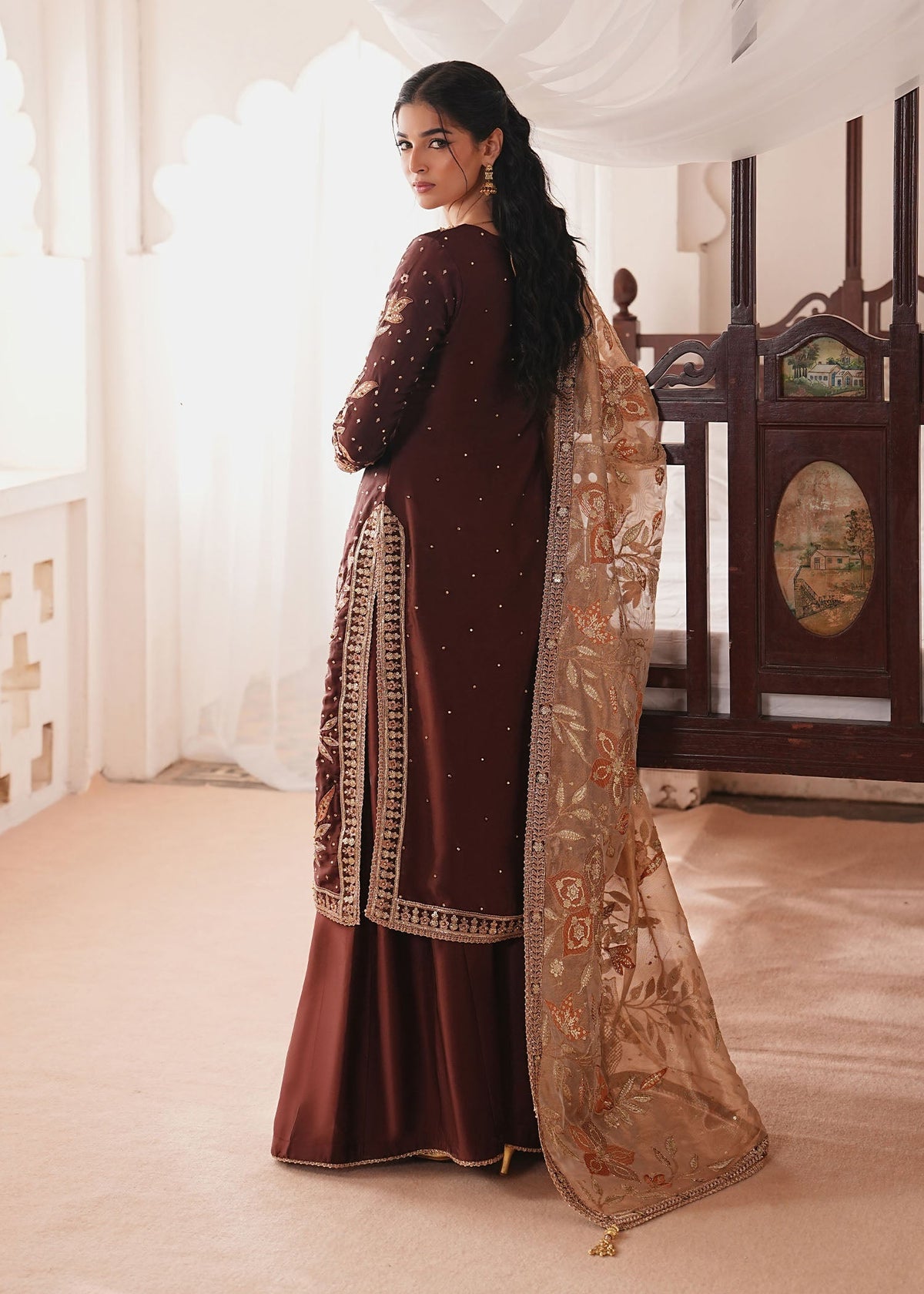 Chocolate Brown Silk Embroidered Designer Salwar Suit Online in UK USA Canada