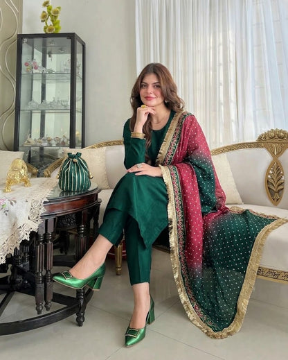 Chunri Print Green Silk Salwar Kameez Online in KSA Riyadh Saudi Arabia Oman Bahrain Qatar