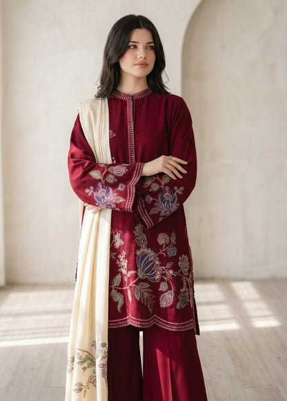 Claret Embroidered Dhanak 3 Piece Suit Online in Dubai DXB UAE Abudhabi Meena Bazaar
