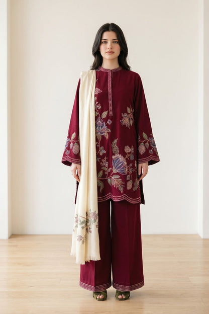 Claret Embroidered Dhanak Short Kurta Set Online in Dubai UAE Abudhabi Ajman Sharjah