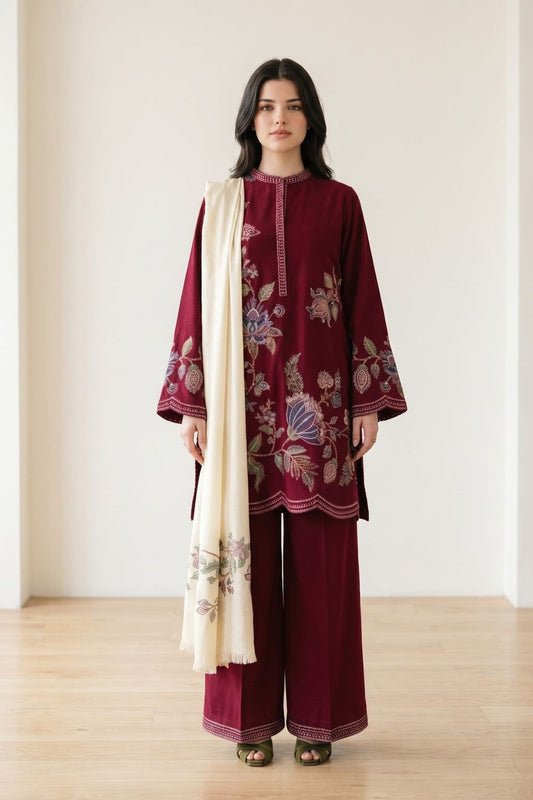 Claret Embroidered Dhanak Short Kurta Set Online in Dubai UAE Abudhabi Ajman Sharjah
