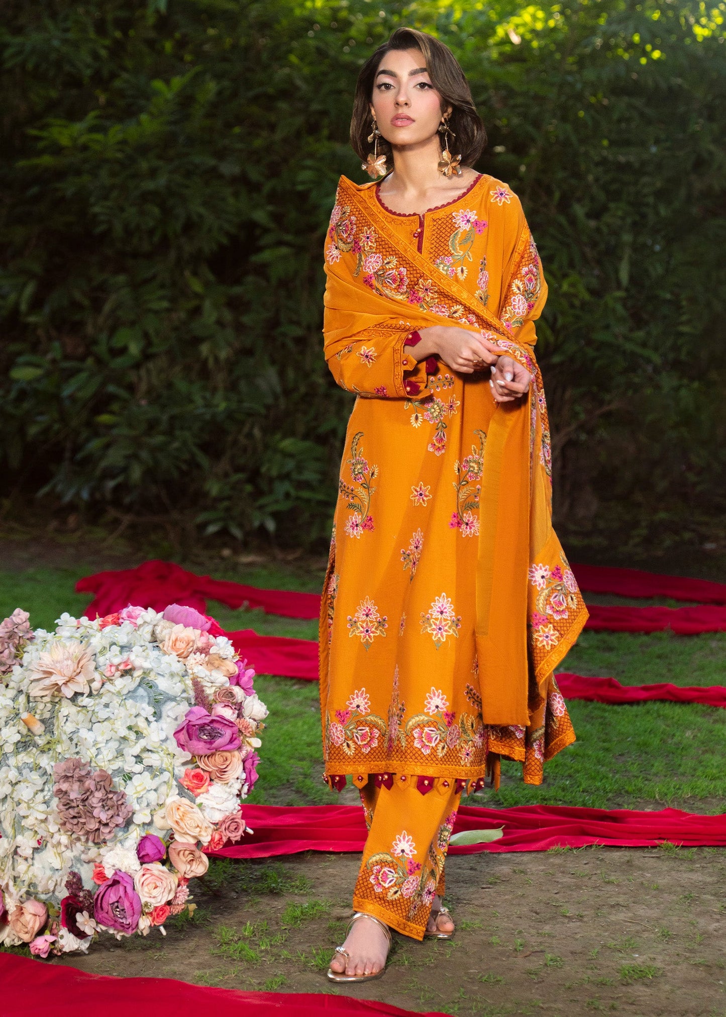 Clay Orange Lawn Three Piece Suit Online in Sri Lanka India Australia