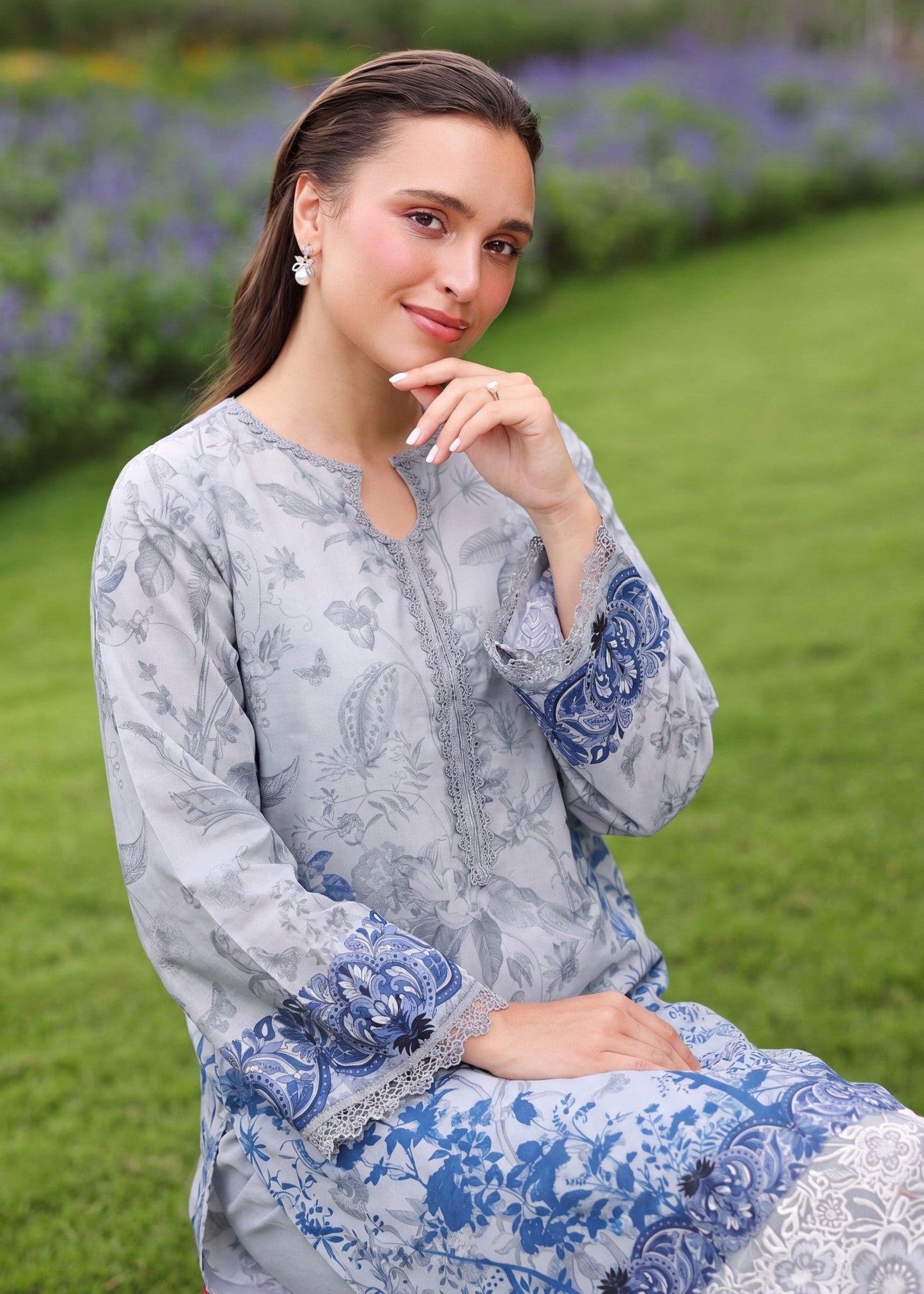Cloud Blue Embellished Lawn Straight Kurta Online in Dubai DXB UAE Abudhabi Meena Bazaar