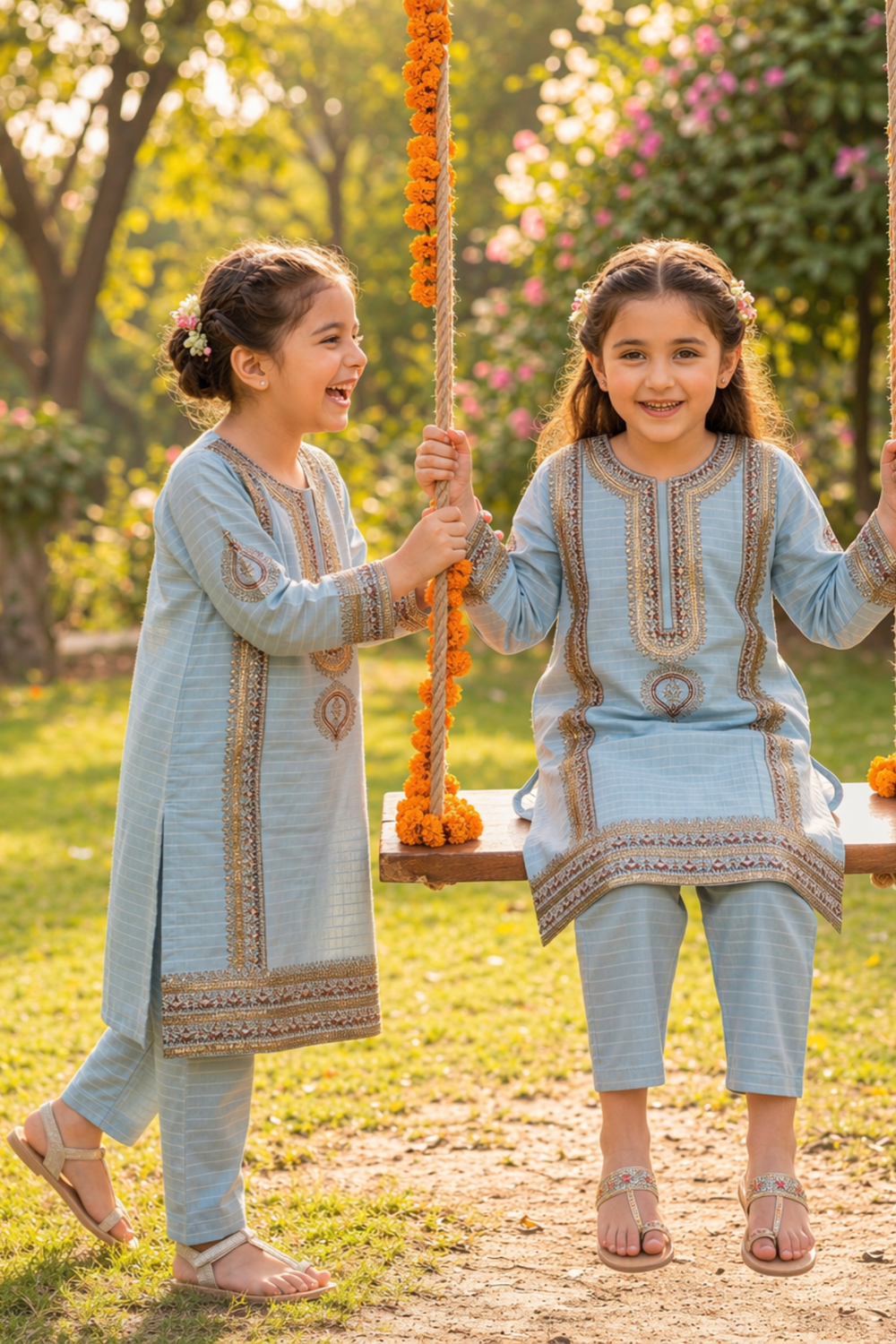 Cloud Blue Embroidered Cotton Girls Kurta Set Online in Dubai UAE Abudhabi Ajman Sharjah