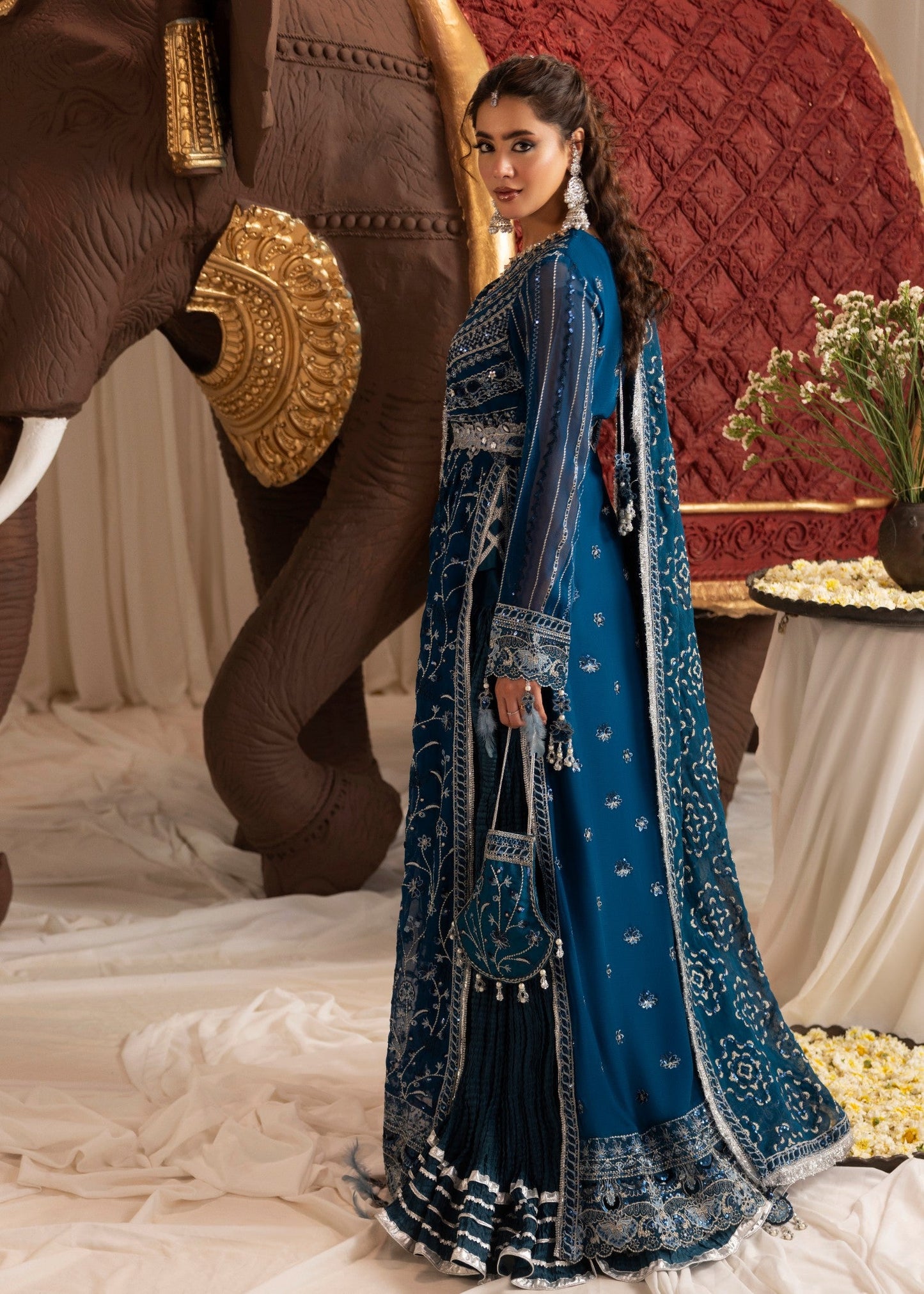 Cobalt Blue Embroidered Chiffon Anarkali Maxi Online in Dubai DXB UAE Abudhabi Meena Bazaar