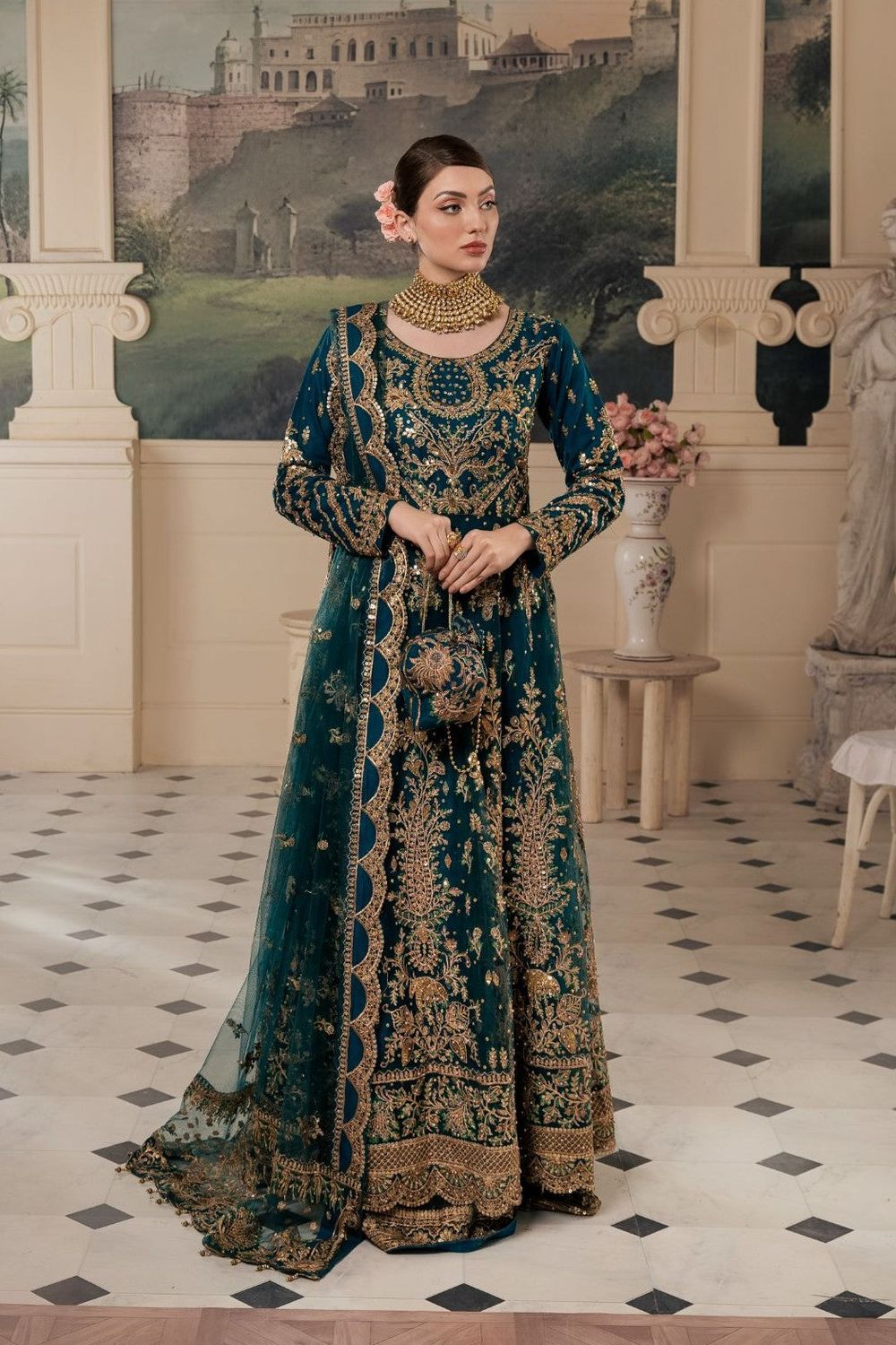 Cobalt Blue Embroidered Net Anarkali Maxi Online in Dubai UAE Abudhabi Ajman Sharjah