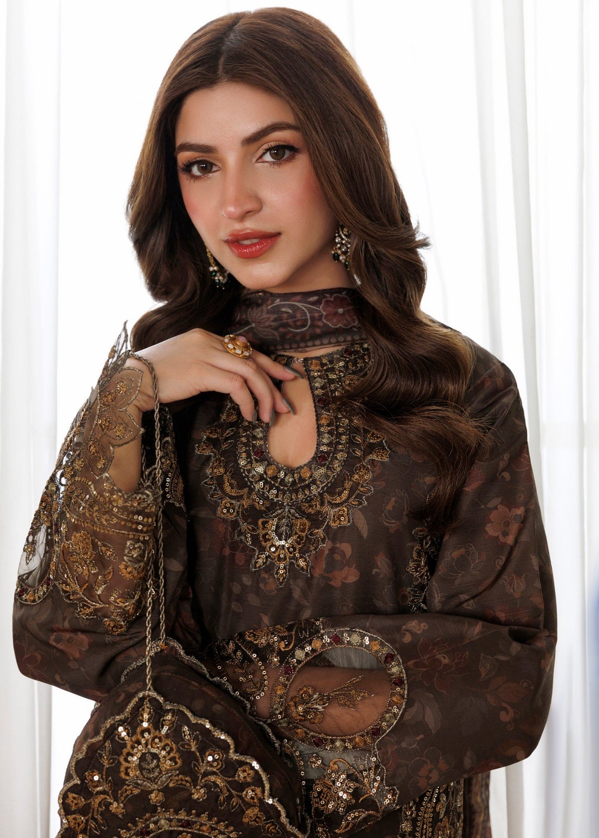 Coffee Brown Embroidered Blended Khaddar Festive Salwar Kameez Online in Dubai DXB UAE Abudhabi Meena Bazaar