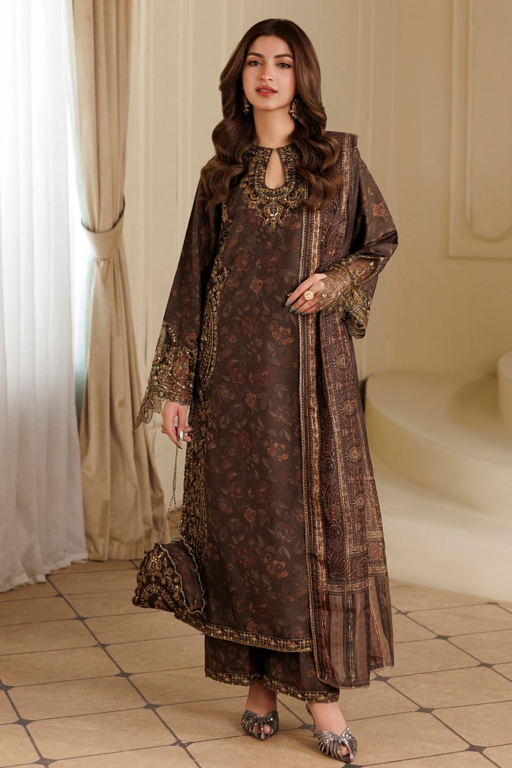 Coffee Brown Embroidered Blended Khaddar Pakistani Suit Online in Dubai UAE Abudhabi Ajman Sharjah