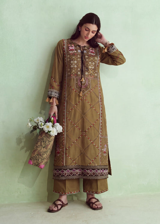 Coffee Brown Embroidered Cotton Dress Material Online in Dubai DXB UAE Abudhabi Meena Bazaar