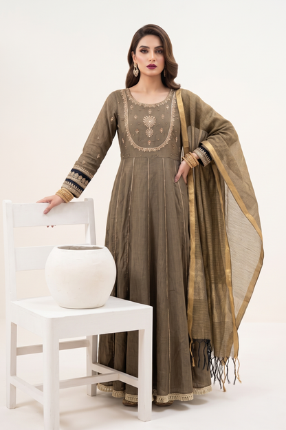 Coffee Brown Embroidered Lawn Maxi Dress Online in Dubai UAE Abudhabi Ajman Sharjah