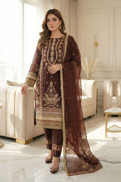 Coffee Brown Embroidered Organza Salwar Kameez Online in Dubai UAE Abudhabi Ajman Sharjah