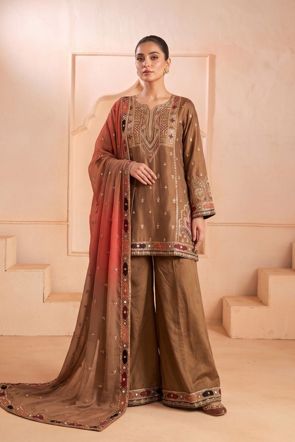 Coffee Brown Embroidered Raw Silk Pakistani Suit Online in Dubai UAE Abudhabi Ajman Sharjah