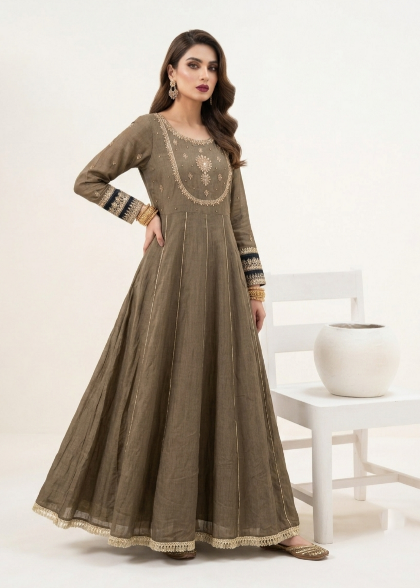 Coffee Brown Flared Maxi with Dupatta Online in Dubai UAE Abudhabi Ajman Sharjah