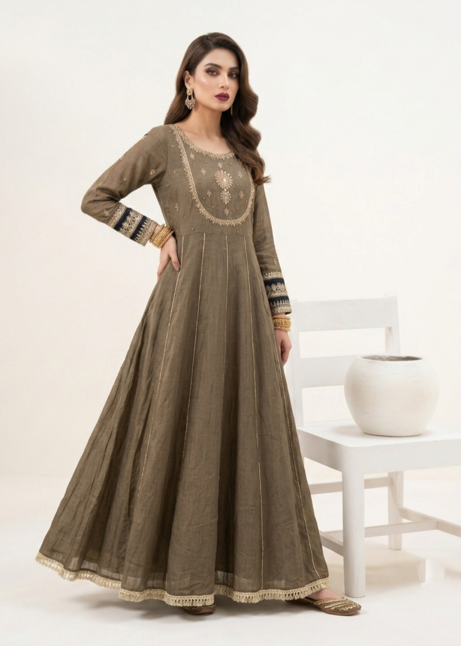 Coffee Brown Flared Maxi with Dupatta Online in Dubai UAE Abudhabi Ajman Sharjah