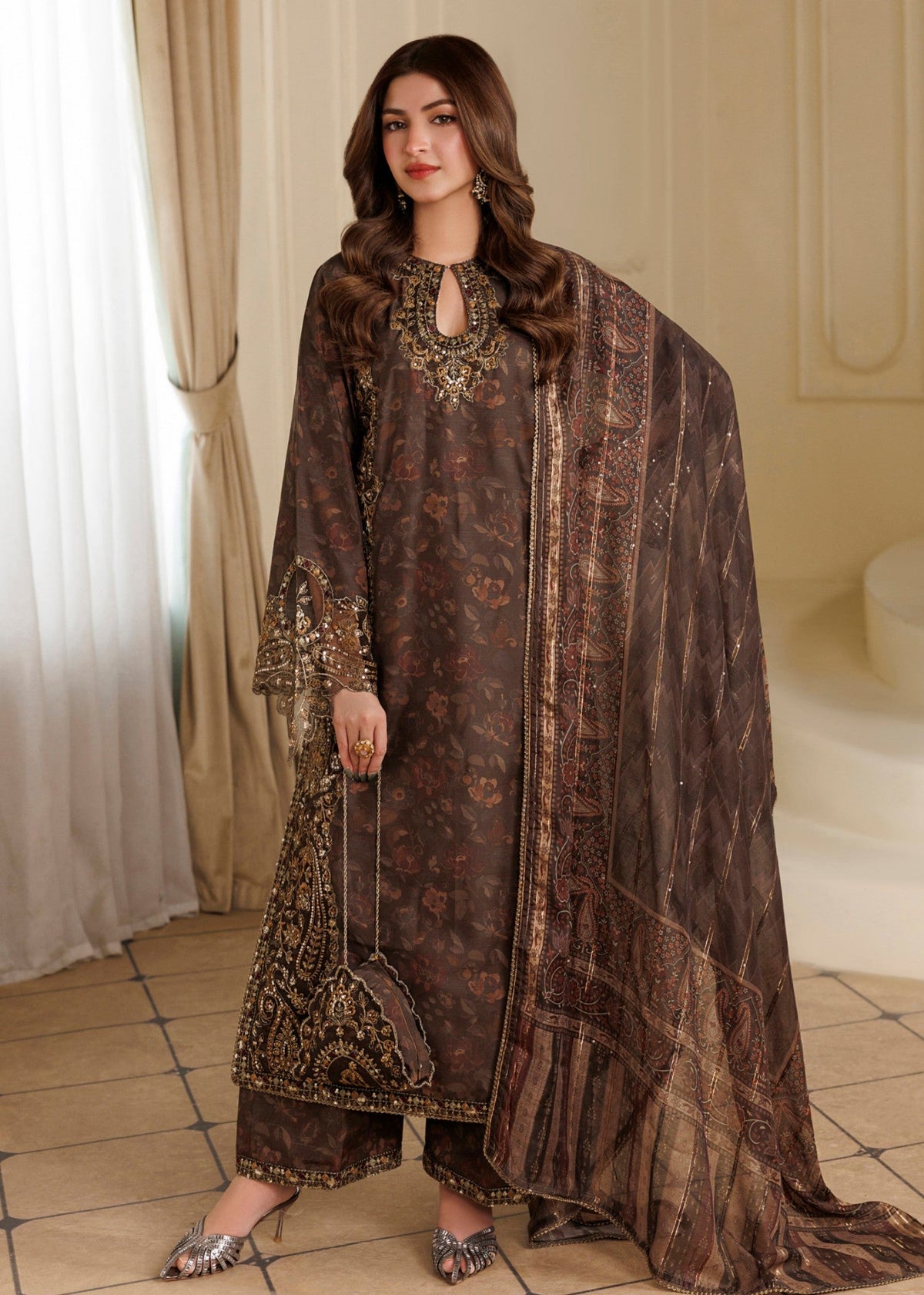 Coffee Brown Manaar Dupatta Embroidered Pakistani Designer Suit Online in Dubai UAE Abudhabi Ajman Sharjah