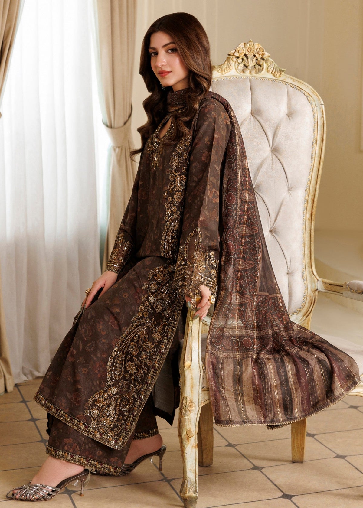 Coffee Brown Straight Trouser Embroidered Shalwar Kameez with Dupatta Online in KSA Riyadh Saudi Arabia Oman Bahrain Qatar