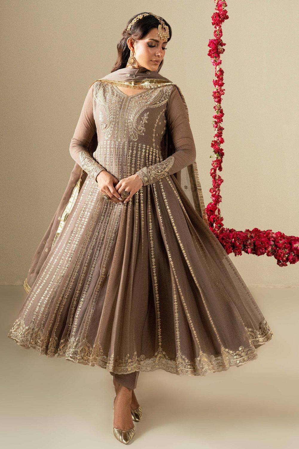 Coffee Embroidered Chiffon Flared Pishwas Suit Online in Dubai UAE Abudhabi Ajman Sharjah