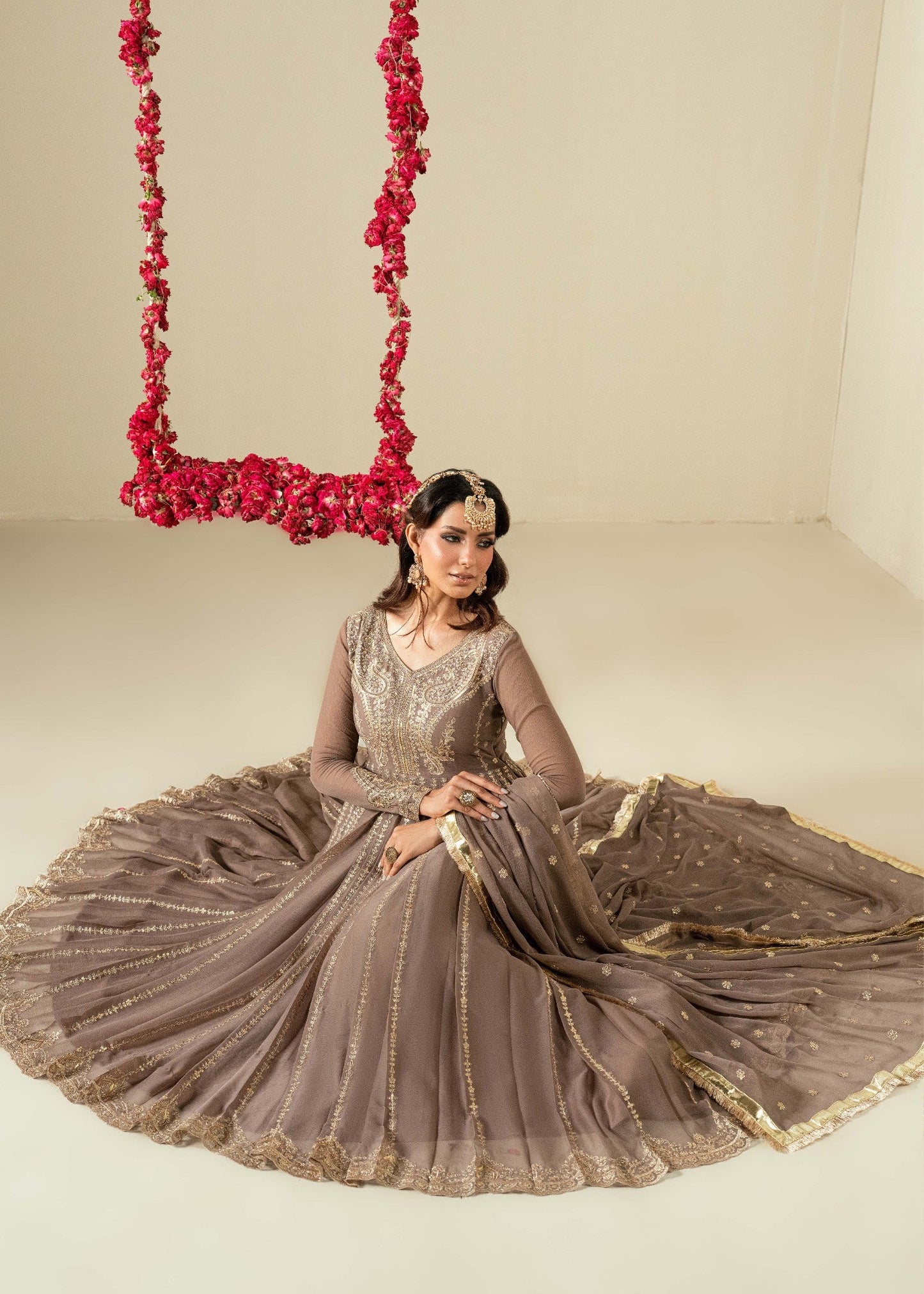 Coffee Embroidered Chiffon Party Wear Dress Material Online in Dubai DXB UAE Abudhabi Meena Bazaar